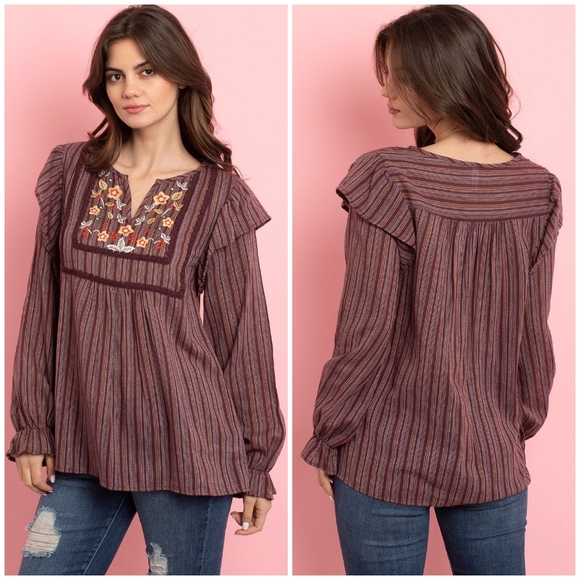 Llove Tops - LLOVE Boho Chic Burgundy Striped Embroidered Top